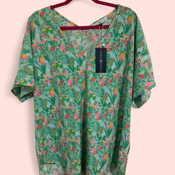 Michelle McDowell Green and Pink Short Sleeve V Neck Blouse Size XXL NWT - Picture 1 of 5